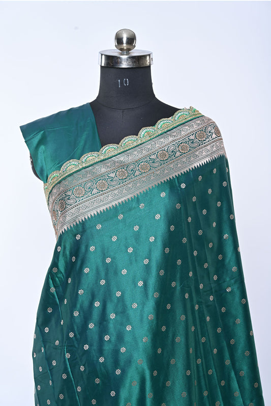 Semi Designer Banarasi Rama Green Saree with Peacock Butti for Festival