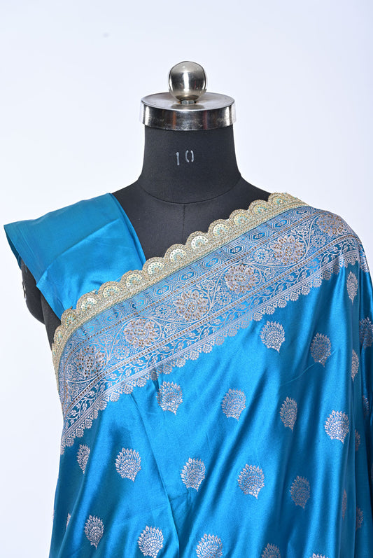 Semi Designer Banarasi Dark Sky Blue Saree with Broad Butti for Festival