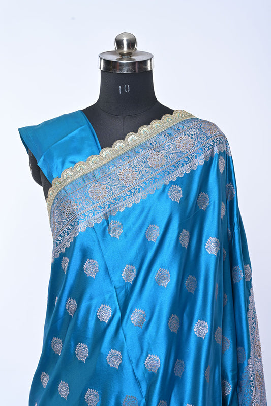 Semi Designer Banarasi Dark Sky Blue Saree with Broad Butti for Festival