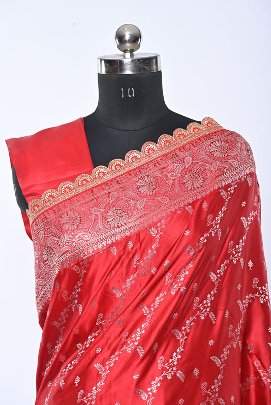 Semi Designer Banarasi Bride Red Saree with Veil Work for Wedding