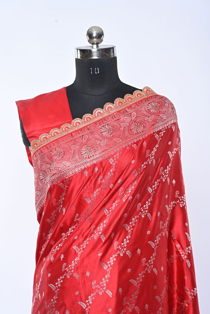 Semi Designer Banarasi Bride Red Saree with Veil Work for Wedding