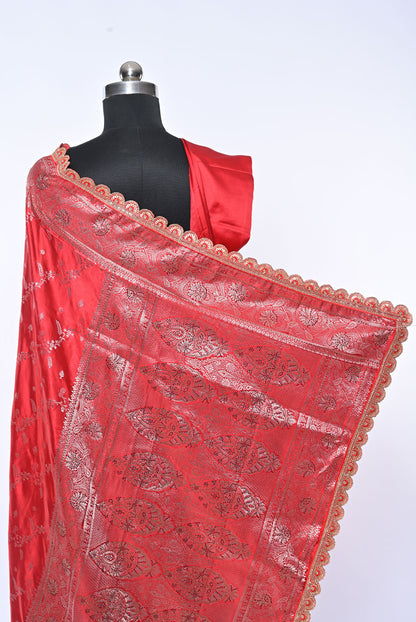 Semi Designer Banarasi Bride Red Saree with Veil Work for Wedding