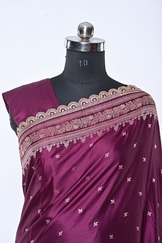 Semi Designer Banarasi Dark Magenta Saree with Sober Butti for Celebration