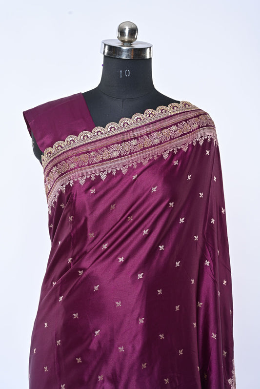 Semi Designer Banarasi Dark Magenta Saree with Sober Butti for Celebration