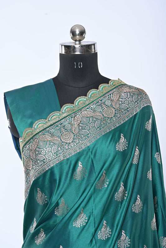 Semi Designer Banarasi Rama Green Saree with Round Butti for Wedding