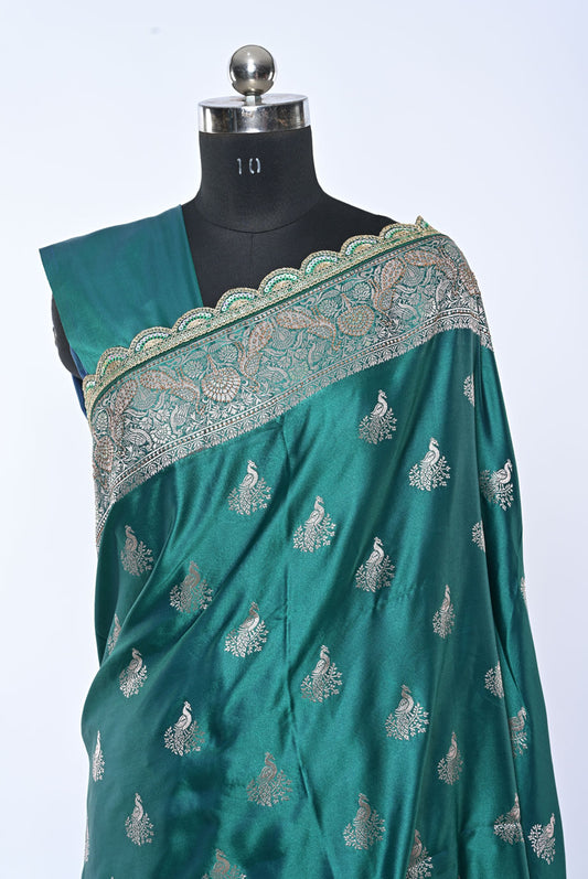 Semi Designer Banarasi Rama Green Saree with Round Butti for Wedding