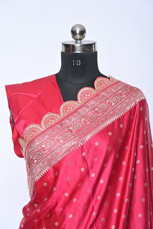Semi Designer Banarasi Bride Red Saree with Veil Work for Festival