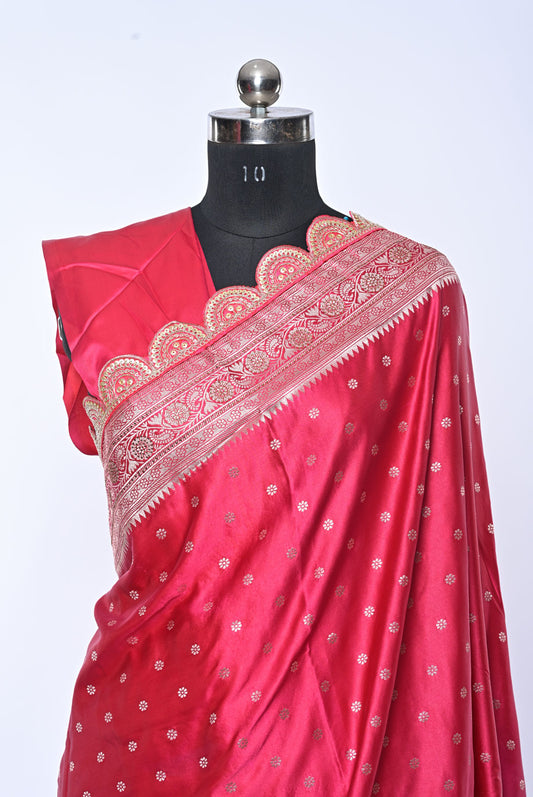 Semi Designer Banarasi Bride Red Saree with Veil Work for Festival