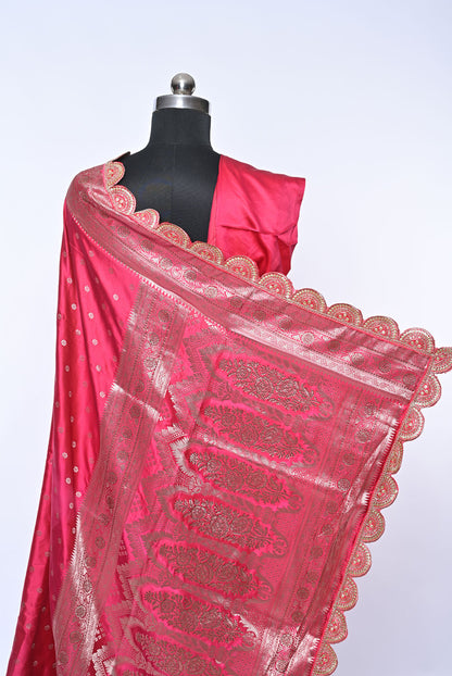 Semi Designer Banarasi Bride Red Saree with Veil Work for Festival