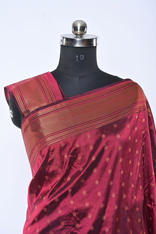 Maroon Kalanjali Paithani Saree with Butti Work and Copper Border