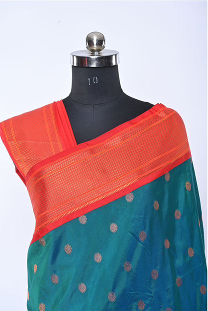 Maharani Semi Paithani Rama Green Saree with Round Butti for Festival