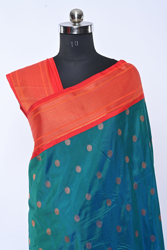 Maharani Semi Paithani Rama Green Saree with Round Butti for Festival