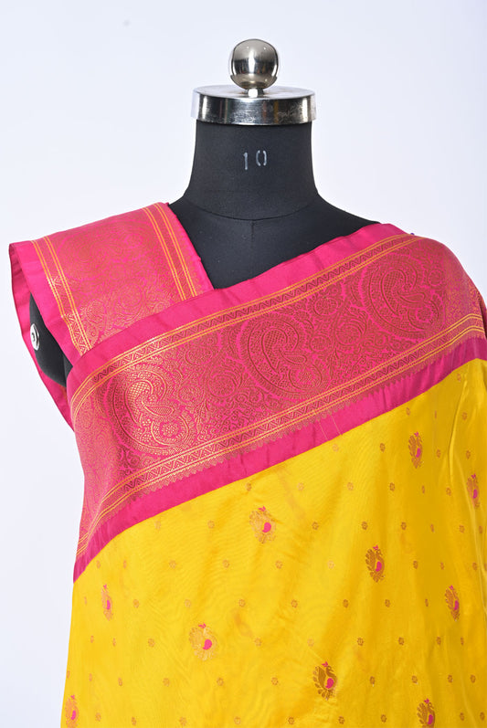 Yellow Semi Paithani Saree with Gadhval Border and Peacock Butti