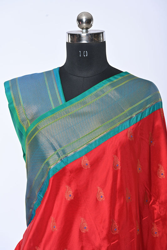 Rani Pink Semi Paithani Saree with Minakari Nath Butti and Contrast Border