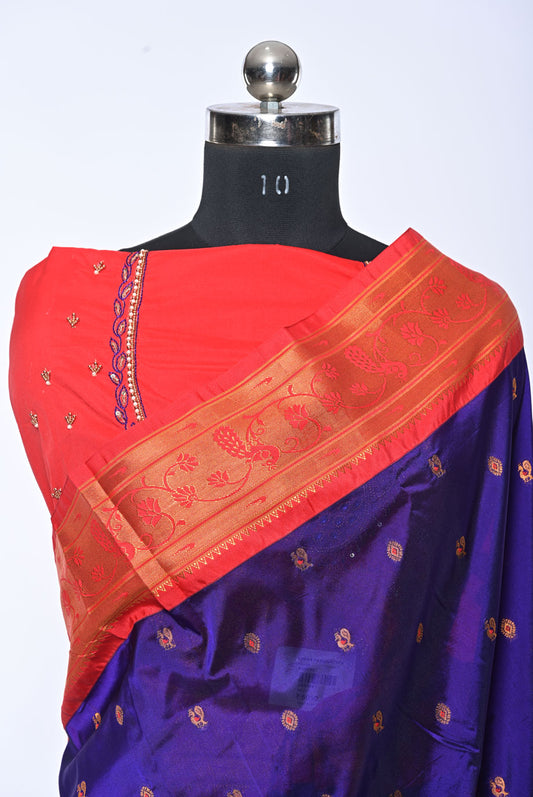 Semi Paithani Navy Blue Saree with Peacock Lotus Mina Butti for Weddings