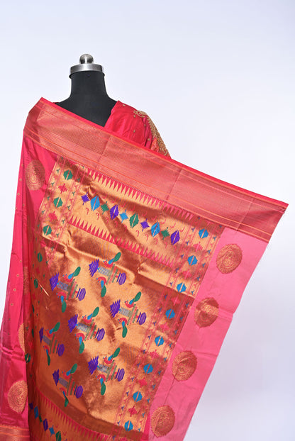 Semi Kalanjali Paithani Pink Saree with Mina Butti for Festival