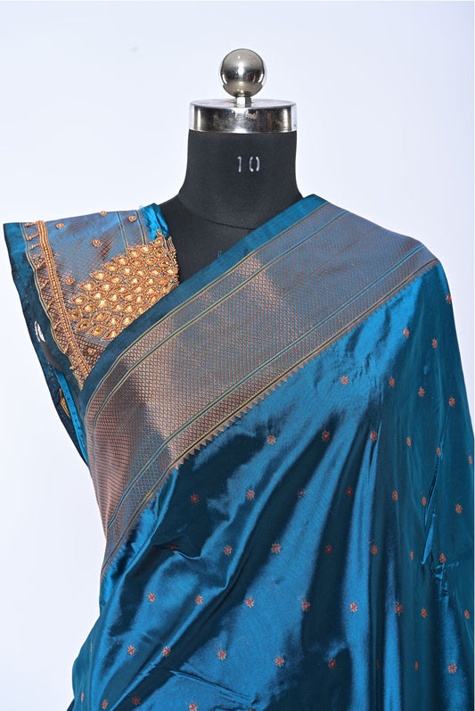 Semi Kalanjali Paithani Petrol Blue Saree with Mina Butti for Festival