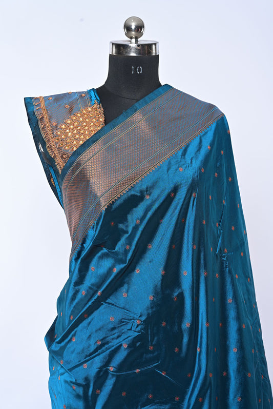 Semi Kalanjali Paithani Petrol Blue Saree with Mina Butti for Festival