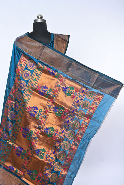 Semi Kalanjali Paithani Petrol Blue Saree with Mina Butti for Festival