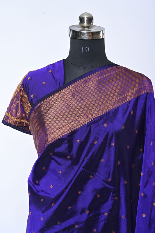 Semi Kalanjali Paithani Navy Blue Saree with Mina Butti for Wedding