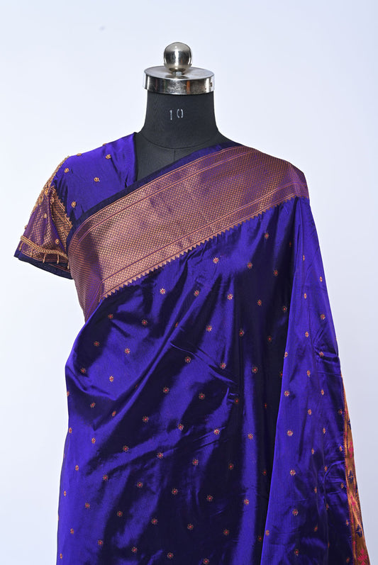 Semi Kalanjali Paithani Navy Blue Saree with Mina Butti for Wedding
