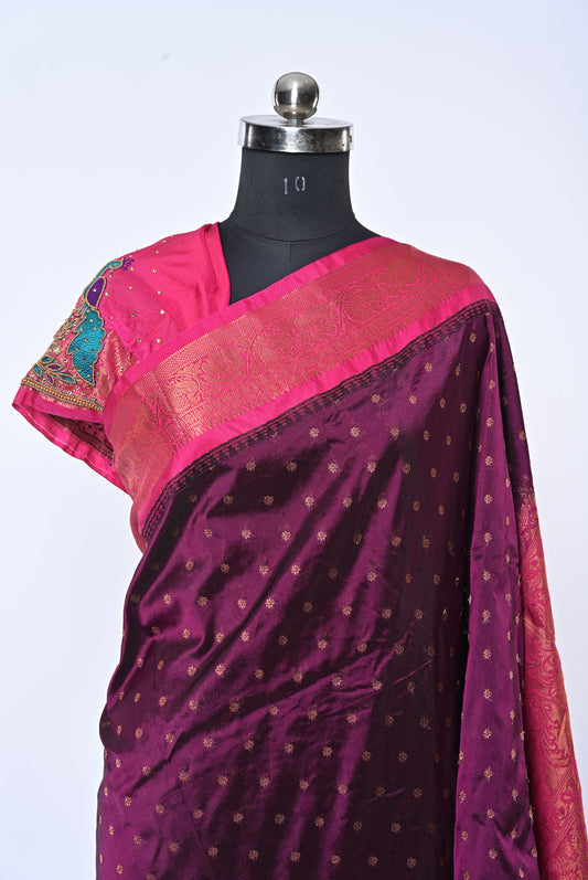 Semi Kalanjali Paithani Dark Magenta Saree with Mina Butti for Wedding