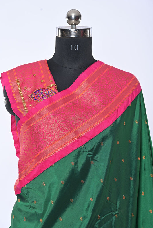 Semi Kalanjali Paithani Dark Green Saree with Golden Butti for Festival