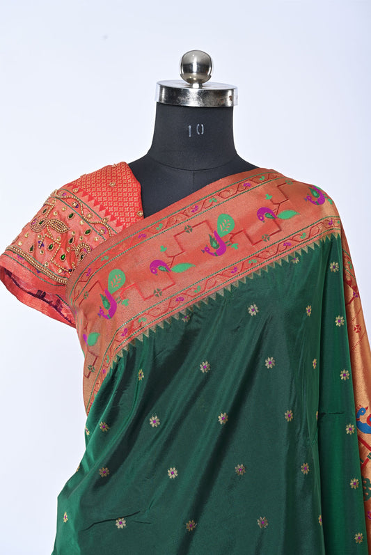 Peacock Lotus Muniya Border Bottle Green Paithani Saree for Wedding
