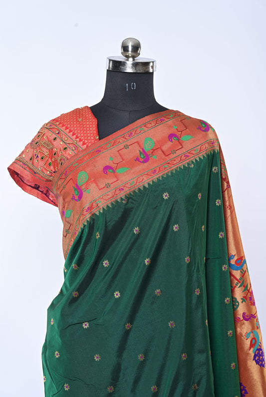 Peacock Lotus Muniya Border Bottle Green Paithani Saree for Wedding