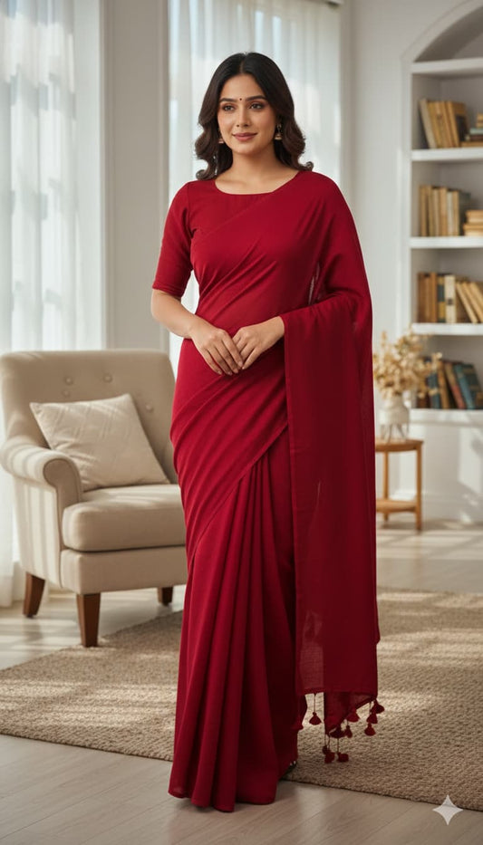 Red plain cotton saree with minimal border and tassels, ideal soft office wear saree for women.