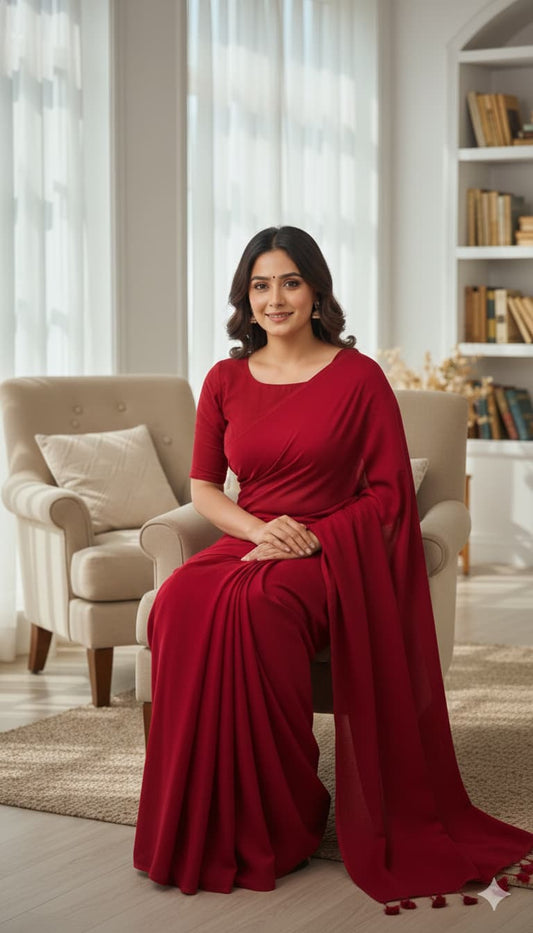 Elegant red cotton saree featuring self-blouse design, minimal borders, and tassels for office wear.