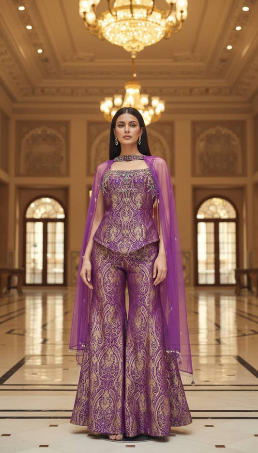 this royal purple Indo-Western set crafted in rich Banarasi brocade silk featuring intricate gold zari paisley and floral weaving. The peplum-style top is highlighted with a heavily embellished neckline adorned with embroidery, beads, and sequins, flaring gracefully at the waist for a flattering silhouette. 