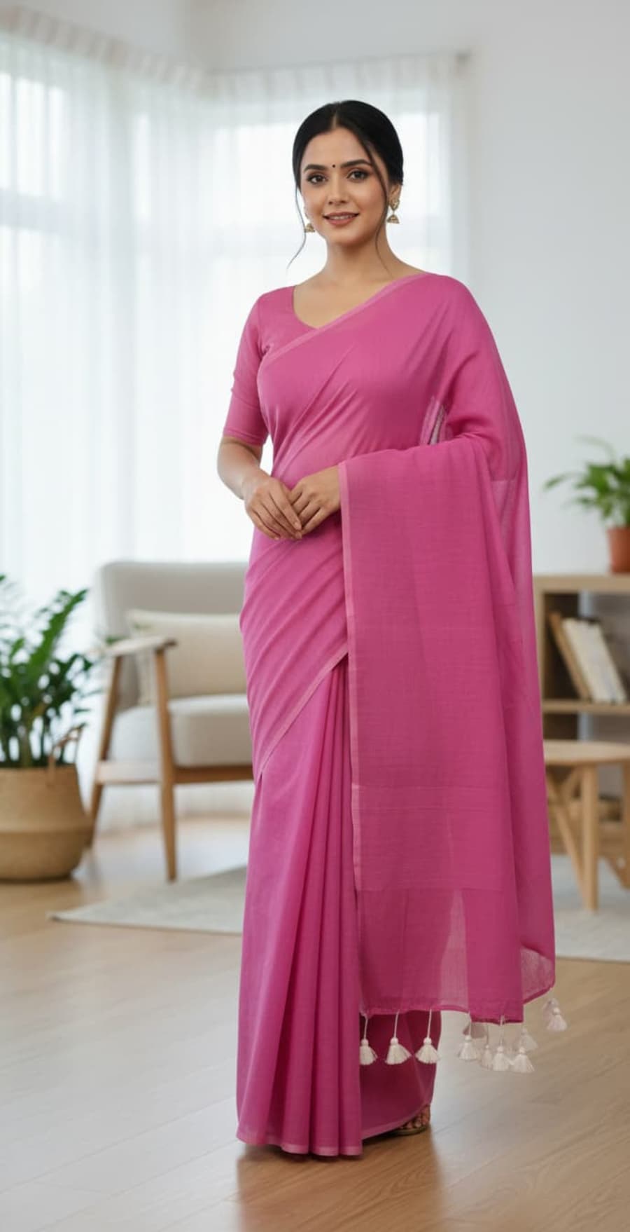 Simple pink cotton saree with minimal border and tassels