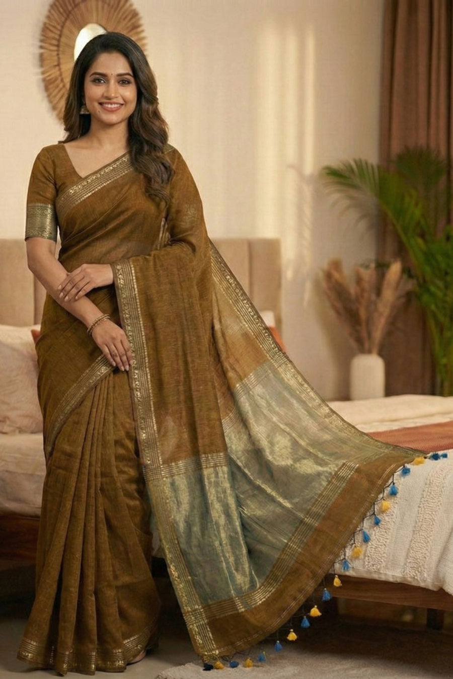Coffee brown cotton saree with plain base fabric, beige zari woven pallu, simple border and unstitched contrast blouse 