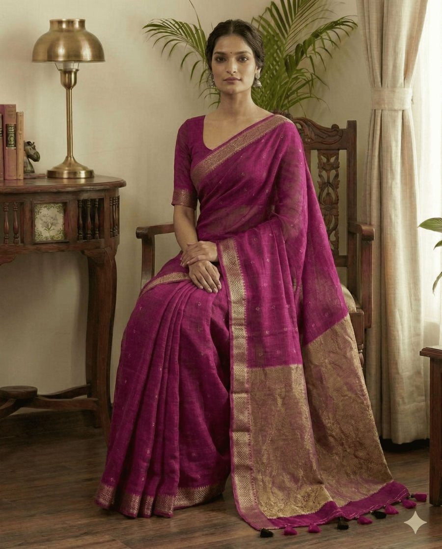 This magenta cotton saree with stylish butties detailing and copper zari pallu usually perfect for daily wear and family functions.