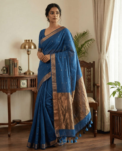 THis is stylish teal blue cotton saree with subtle butti deataling and contrast cpper zari pallu with elegant tessels at its border specially for casual outings and office wear.