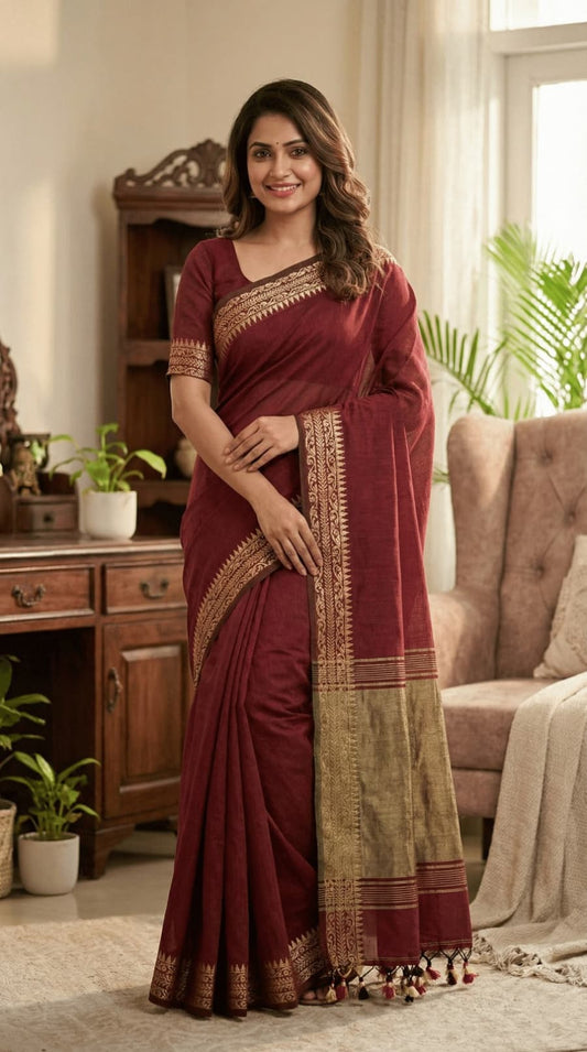 Maroon pure cotton saree with all-over butties, copper zari pallu, simple golden border, and tassels.