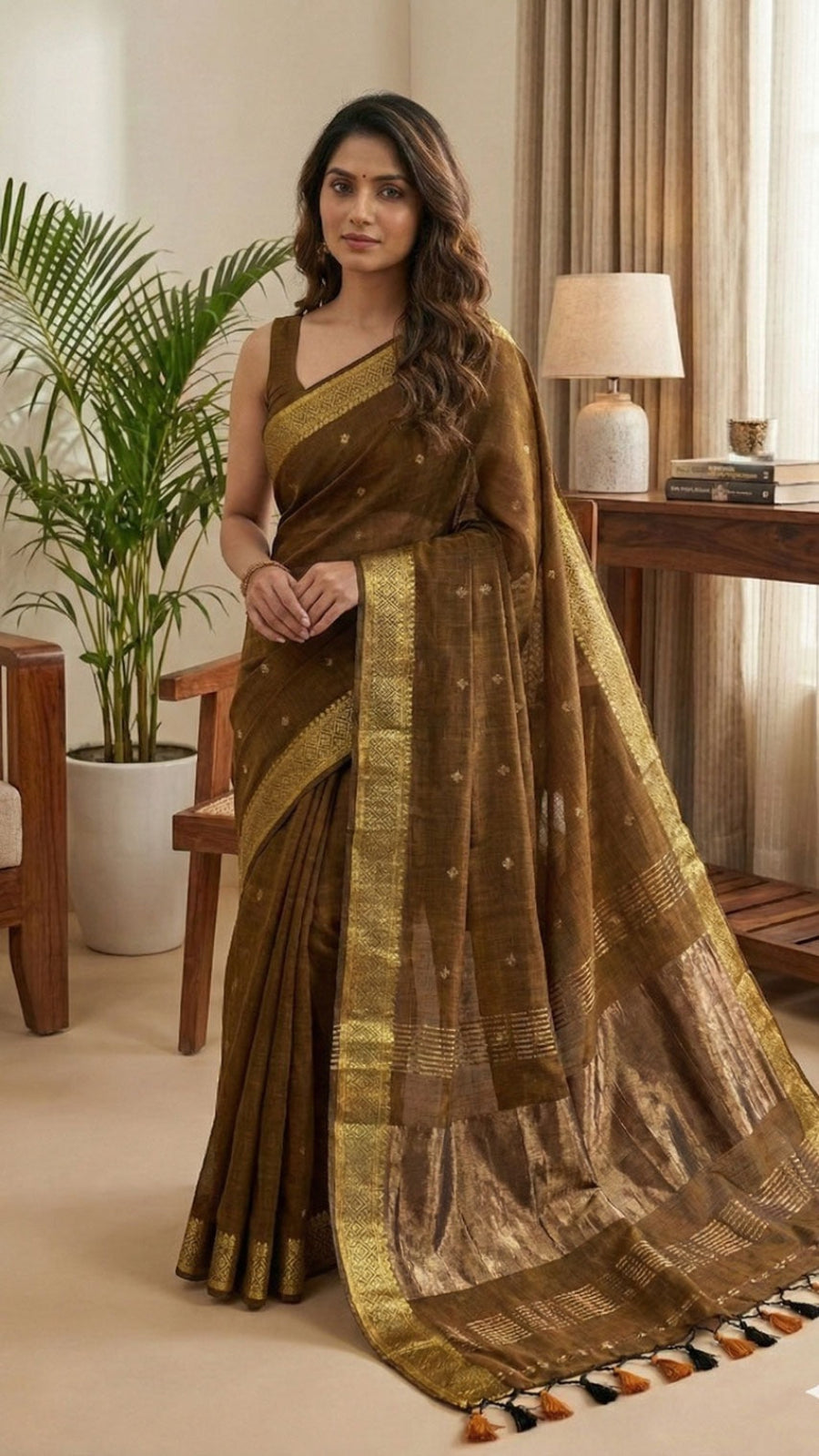 This is a coffee brown cotton saree with beautifully woven small butties and elegant border with copper zari pallu perfect for family gatherings and daily use