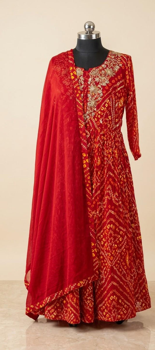 Red Georgette Embroidered Anarkali with Tiered Flare