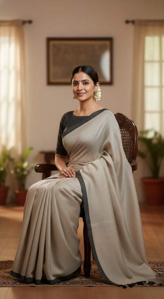 Beige cotton saree with contrasting black border and tassel pallu