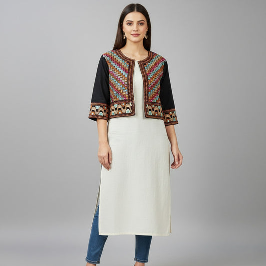 Black Gamthi embroidered ethnic jacket with mirror work for women