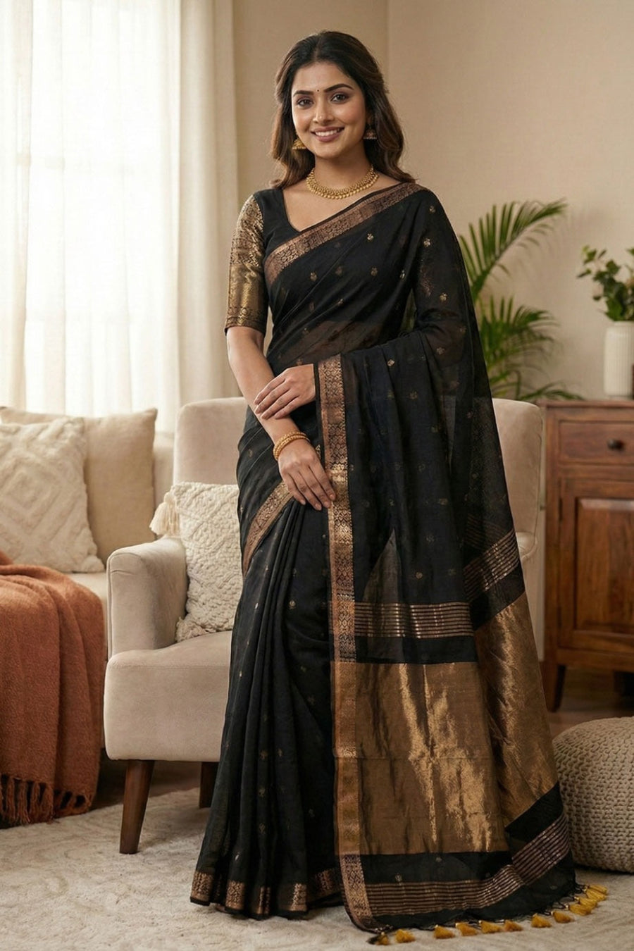 Black pure cotton saree with all-over butti design, copper zari pallu work and simple golden border with tassels.perfect for office wear , daily wear and festivals.
