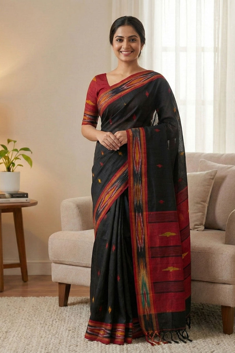 Black cotton saree with small triangle butti pattern, Ikat border weaving, contrast pallu styling and tassel detailing