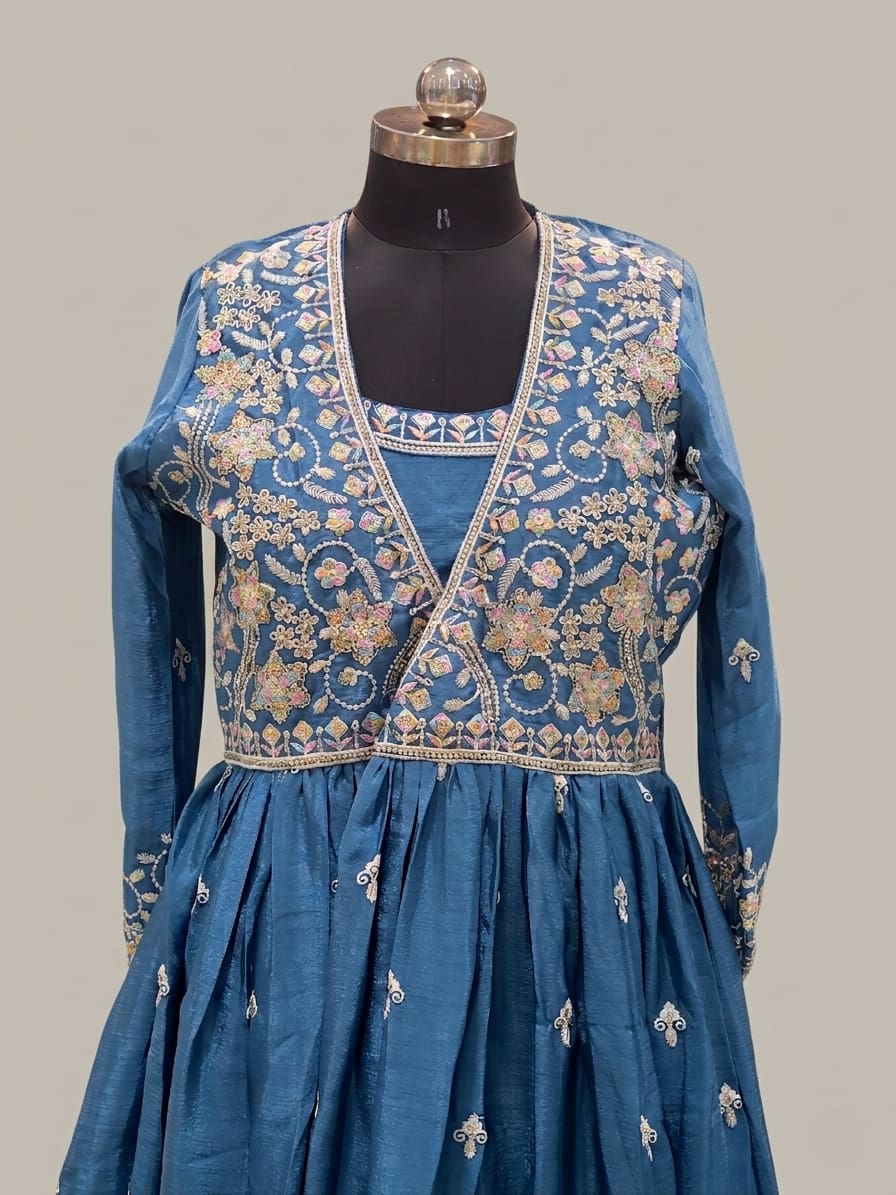 Elegant blue layered Anarkali dress with full sleeve embroidered jacket