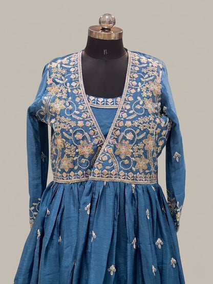 Elegant blue layered Anarkali dress with full sleeve embroidered jacket