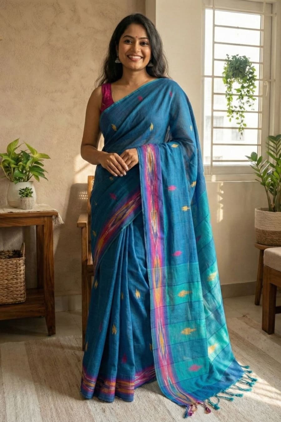 Blue pure cotton saree with small triangle butties, Ikat border weaving, contrast pallu with tassels and unstitched blouse piece