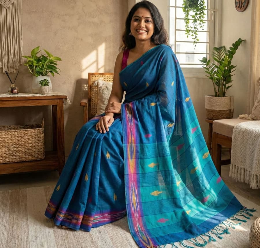 Elegant blue cotton saree featuring triangle butti motifs, woven Ikat border and contrast pallu with tassels