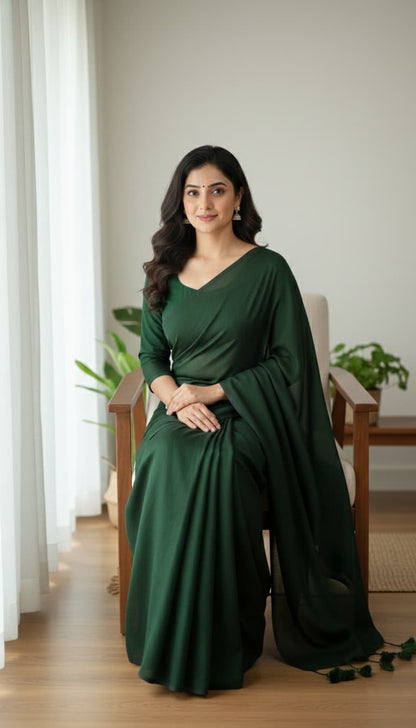 Plain bottle green mulmul cotton saree with tassel pallu