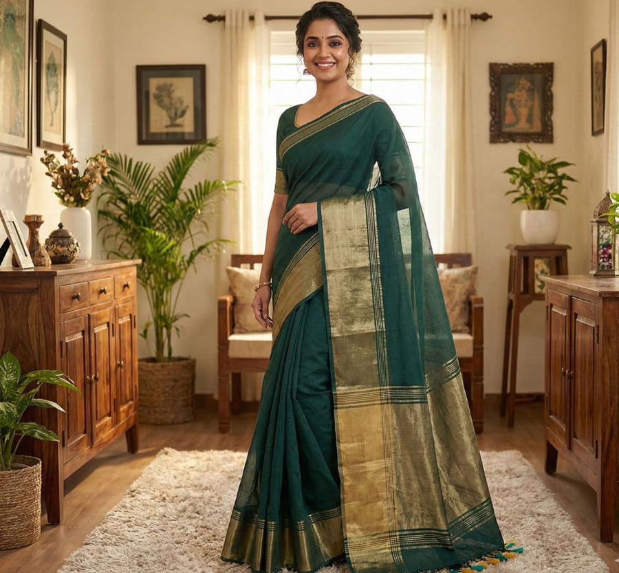 Soft bottle green cotton saree with elegant border finish and beautiful zari pallu with tessels at border.Perfect for daily wear and festivals