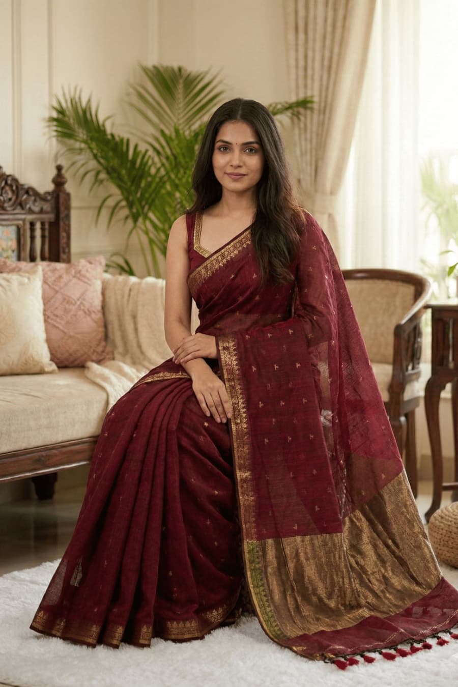 
This beautiful maroon cotton saree comes with small elegant buttties, minimal border, and elegant copper zari pallu and tessels perfect for office and daily use .easy to wear.